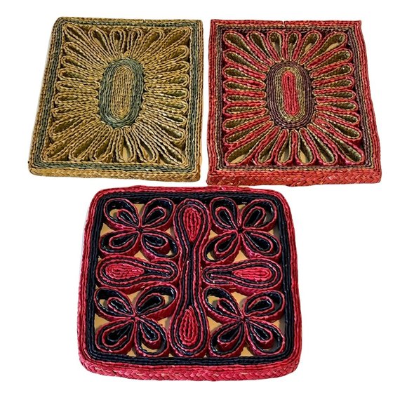 3 Vintage Wicker Rattan Hot Pad Trivets Woven Red Blue Purple Turquoise 6x8" - Picture 1 of 5